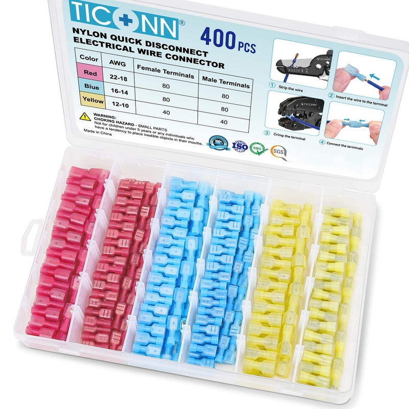 TICONN 400 Pcs Nylon Spade Quick Disconnect Connectors Kit, Electrical Insulated Terminals, Male and Female Spade Wire Crimp Terminal Assortment Kit - Image 1